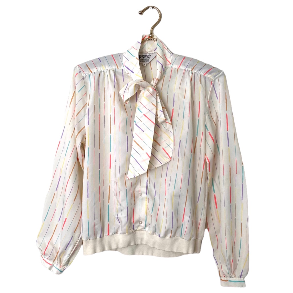 Vtg 1970s Pastel Stripe Ladies Long Sleeve Blouse Neck Tie Blouse